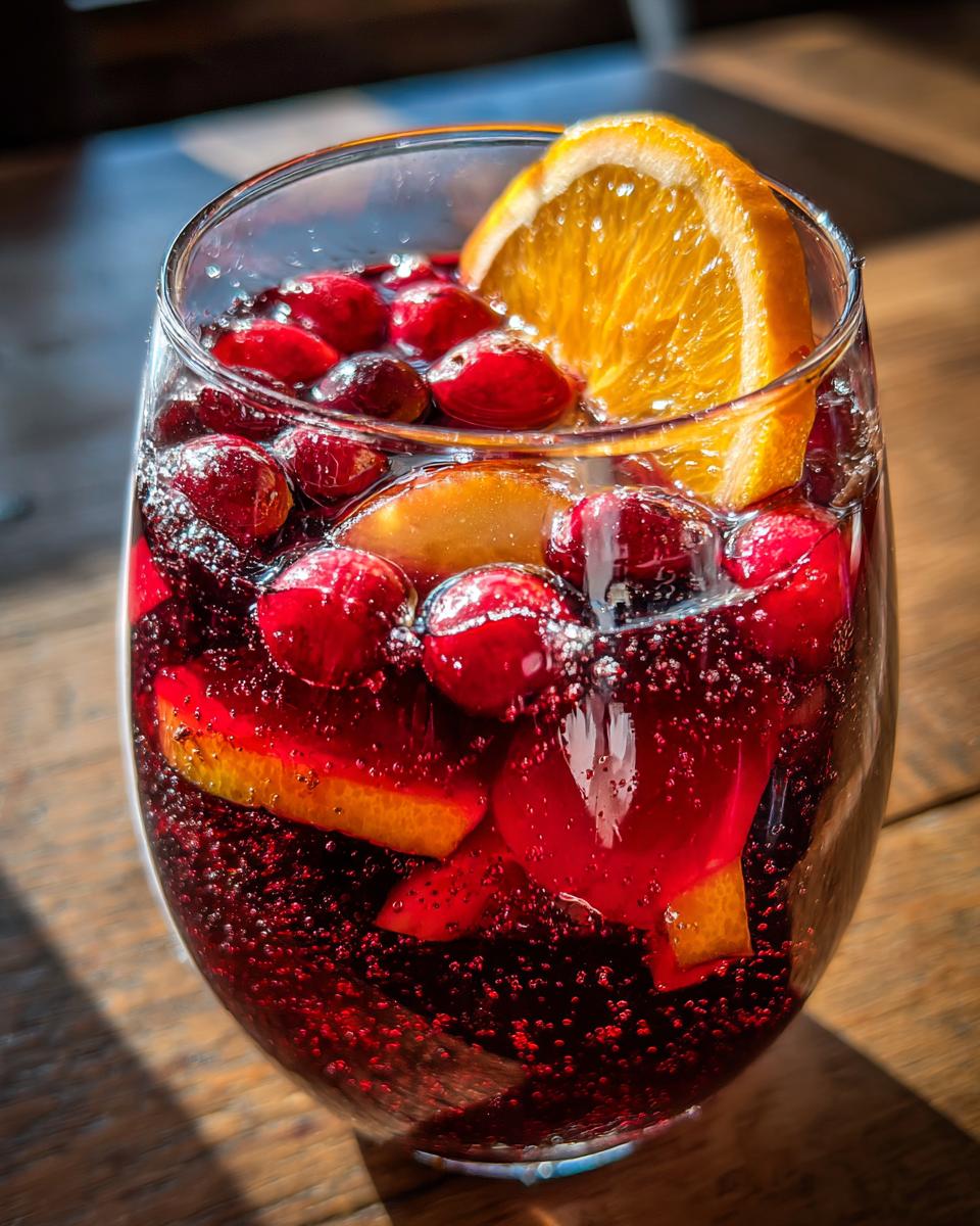 Close-up of a glass filled with bubbling red Christmas sangria, garnished with fresh cranberries and an orange slice.