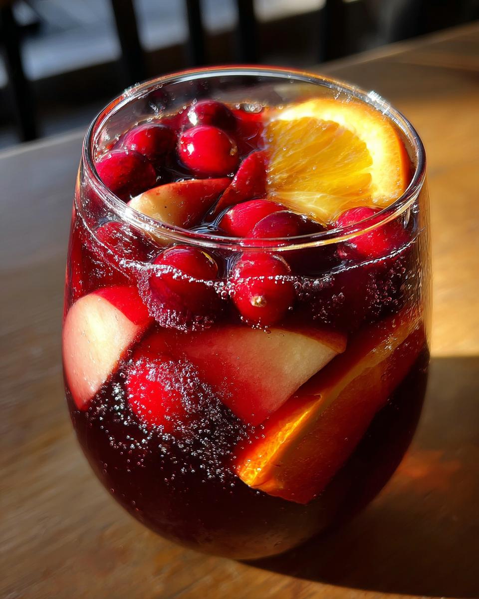 Close-up of a glass filled with bubbling Christmas sangria, garnished with cranberries, apple slices, and an orange wedge.