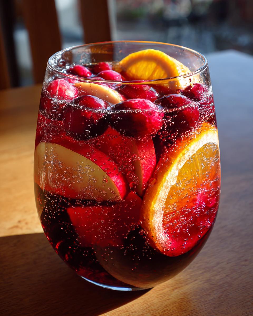 Close-up of a glass filled with bubbly Christmas sangria, featuring slices of orange, apple, and whole cranberries.