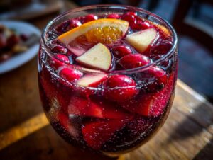 Close-up of a glass filled with bubbling red Christmas sangria, loaded with cranberries, apple chunks, and an orange slice.
