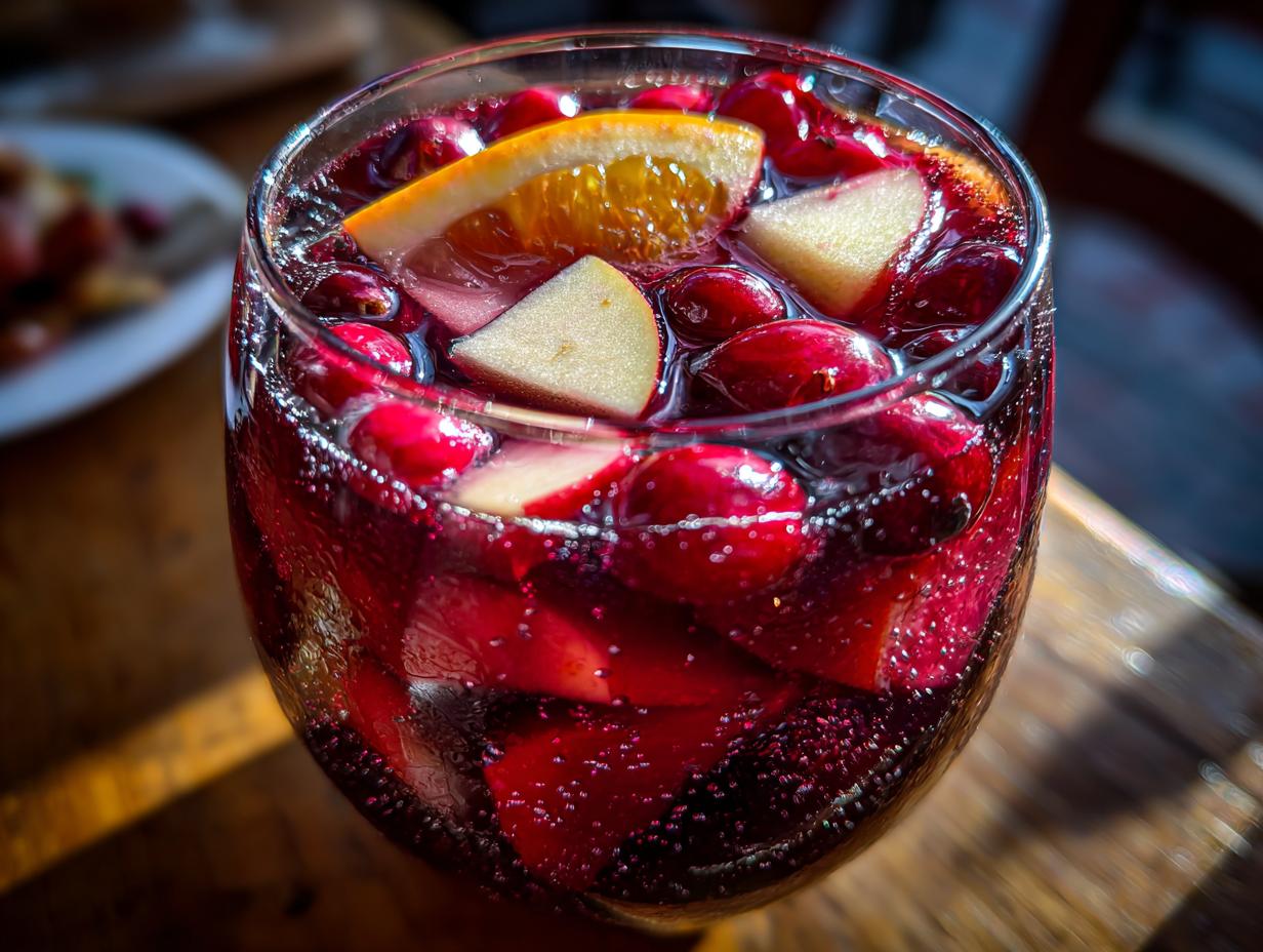 Close-up of a glass filled with bubbling red Christmas sangria, loaded with cranberries, apple chunks, and an orange slice.