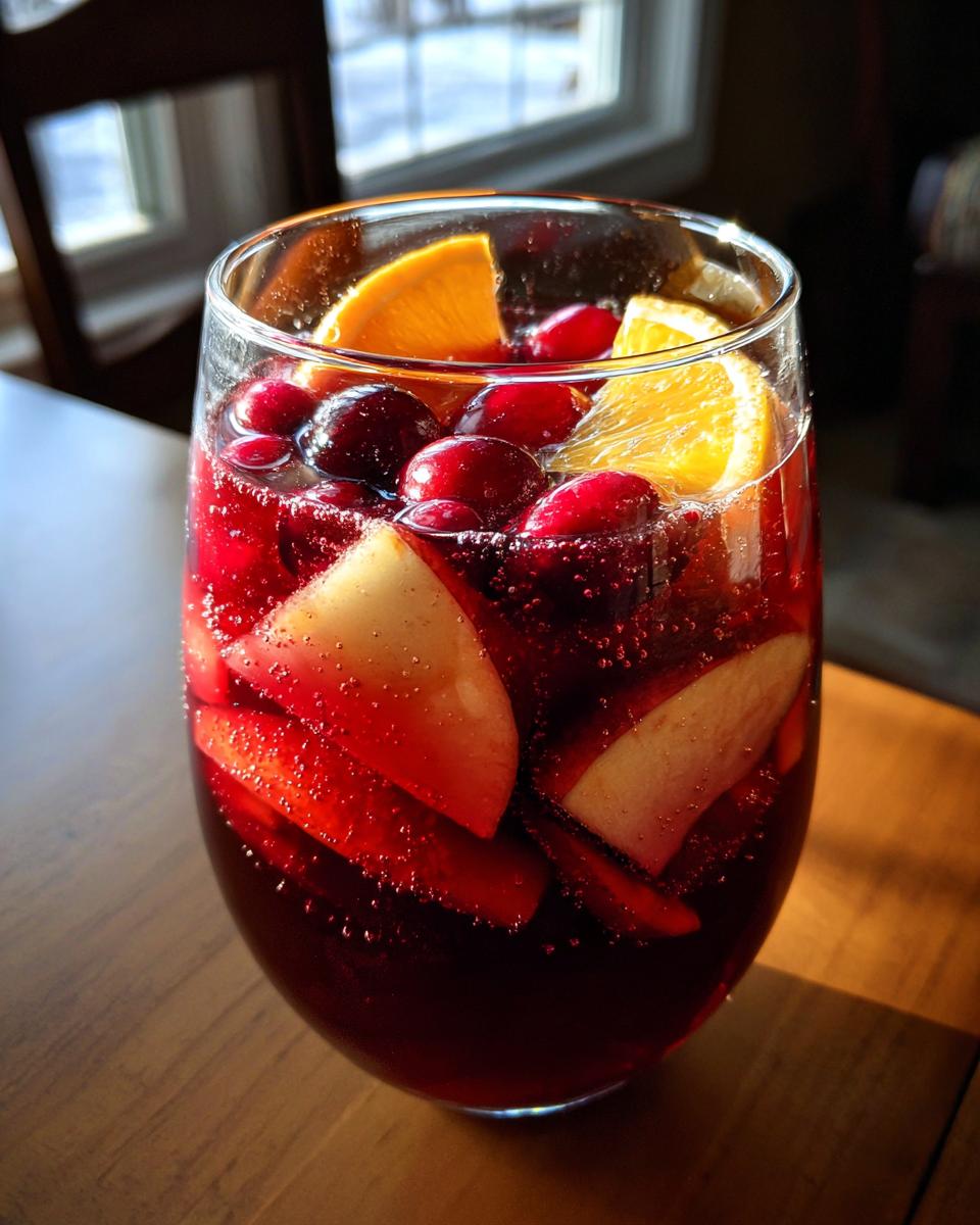 A glass filled with bubbling red Christmas sangria, garnished with orange slices, cranberries, and apple wedges.