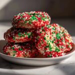 A stack of delicious Christmas sprinkle cookies covered in festive red, green, and white nonpareils, served on a white plate.