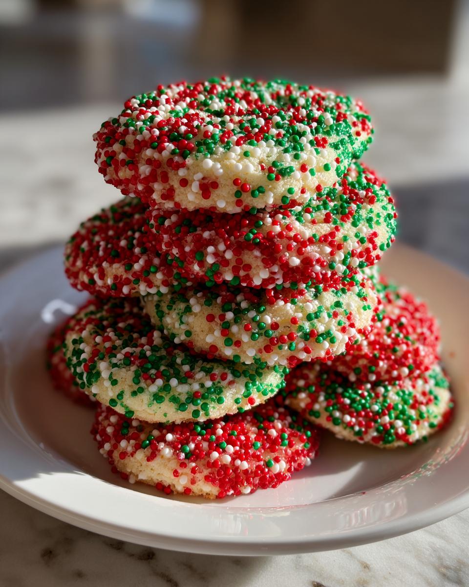 A stack of six soft Christmas sprinkle cookies completely covered in red, green, and white nonpareils on a white plate.