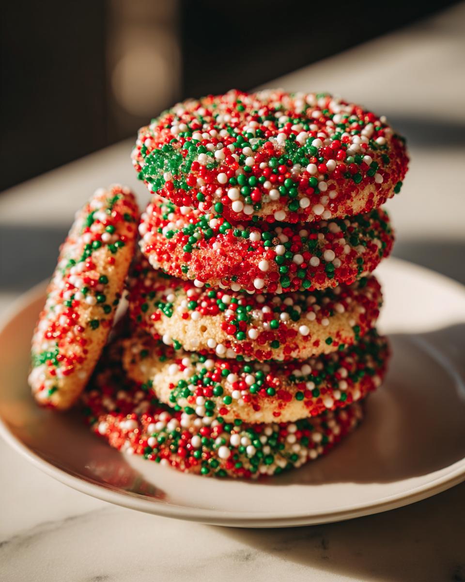 A stack of four delicious Christmas sprinkle cookies covered in red, green, and white nonpareils, with one leaning against the stack.