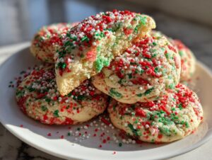 A stack of soft, chewy Christmas sprinkle cookies topped with red, green, and white nonpareils. One cookie is broken open.