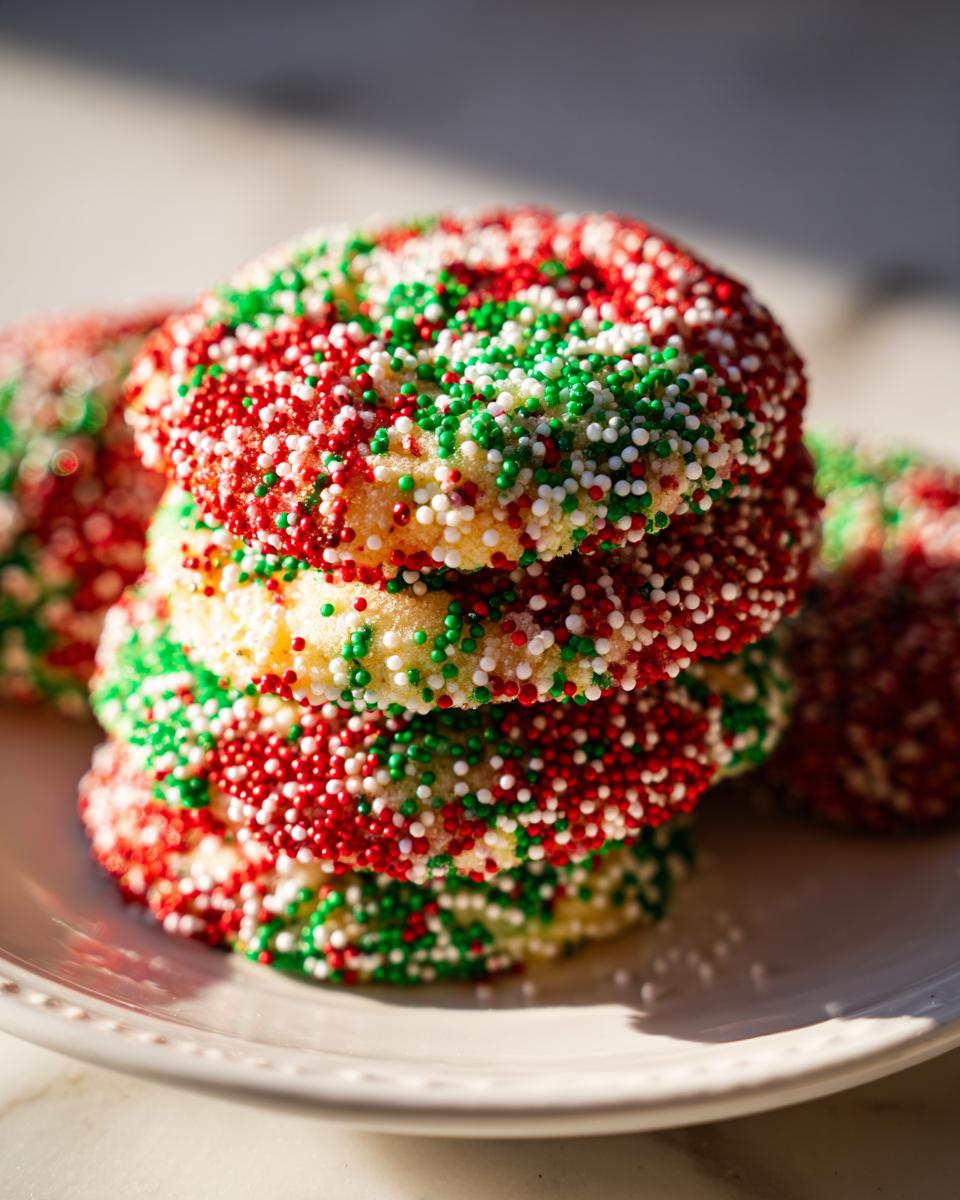 A stack of four soft Christmas sprinkle cookies covered in red, green, and white nonpareils, sitting on a white plate.