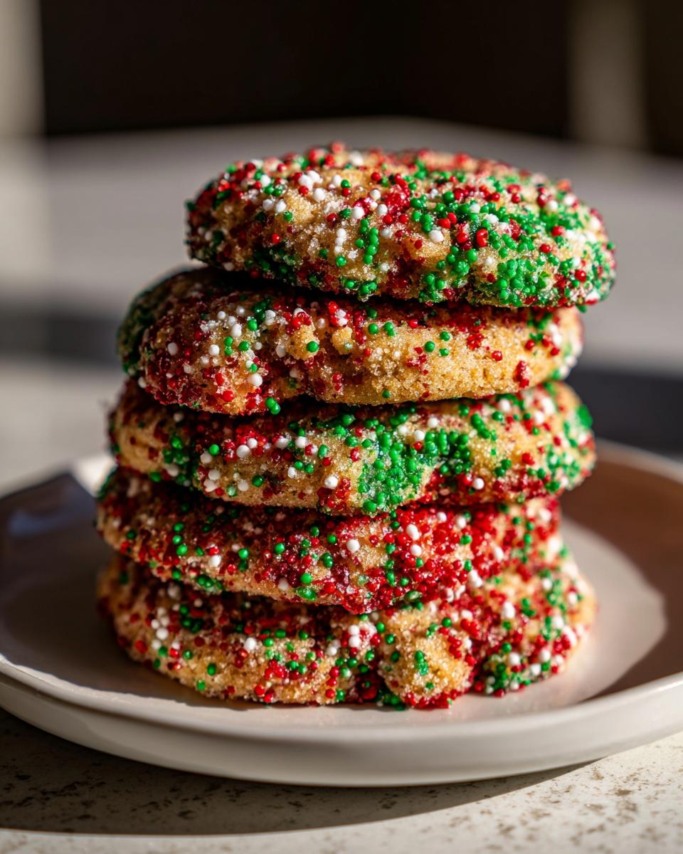 A tall stack of five soft Christmas sprinkle cookies coated heavily in red, green, and white nonpareils.