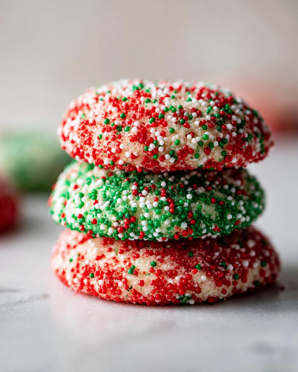 A stack of three soft Christmas sprinkle sugar cookies covered in red, green, and white nonpareils.