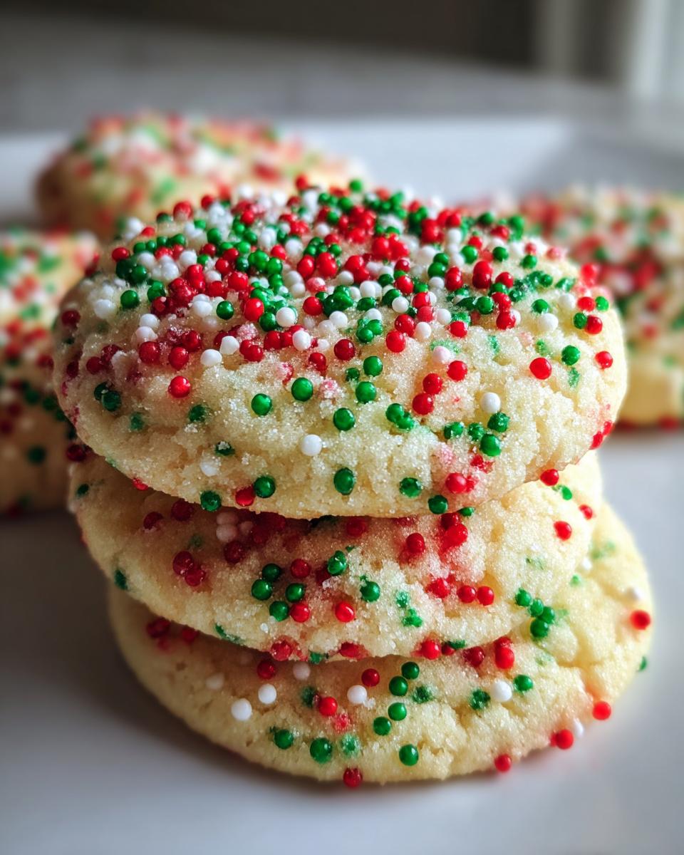A close-up stack of three soft Christmas sprinkle sugar cookies topped with red, green, and white nonpareils.