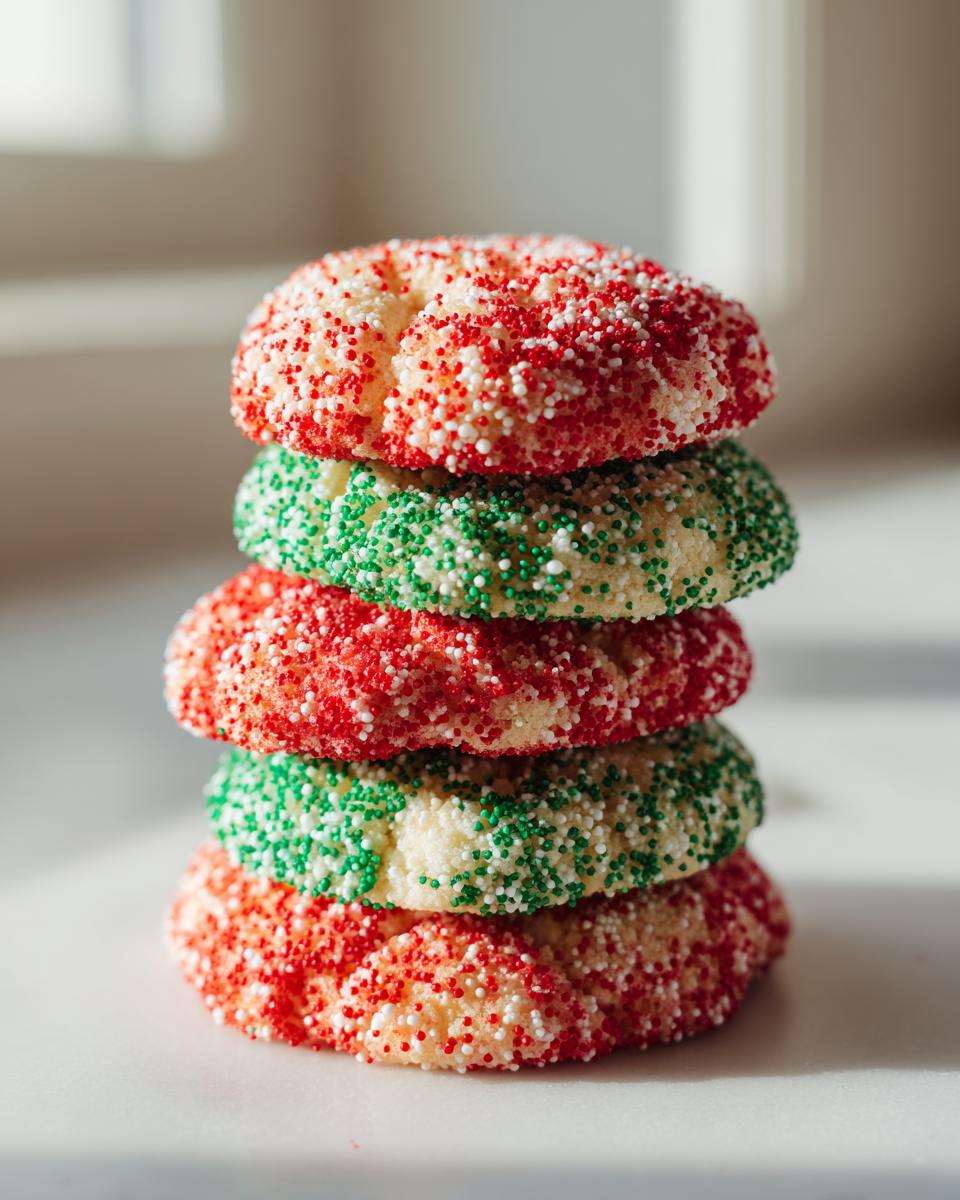 A stack of five soft Christmas sprinkle sugar cookies coated in red, green, and white sanding sugar.