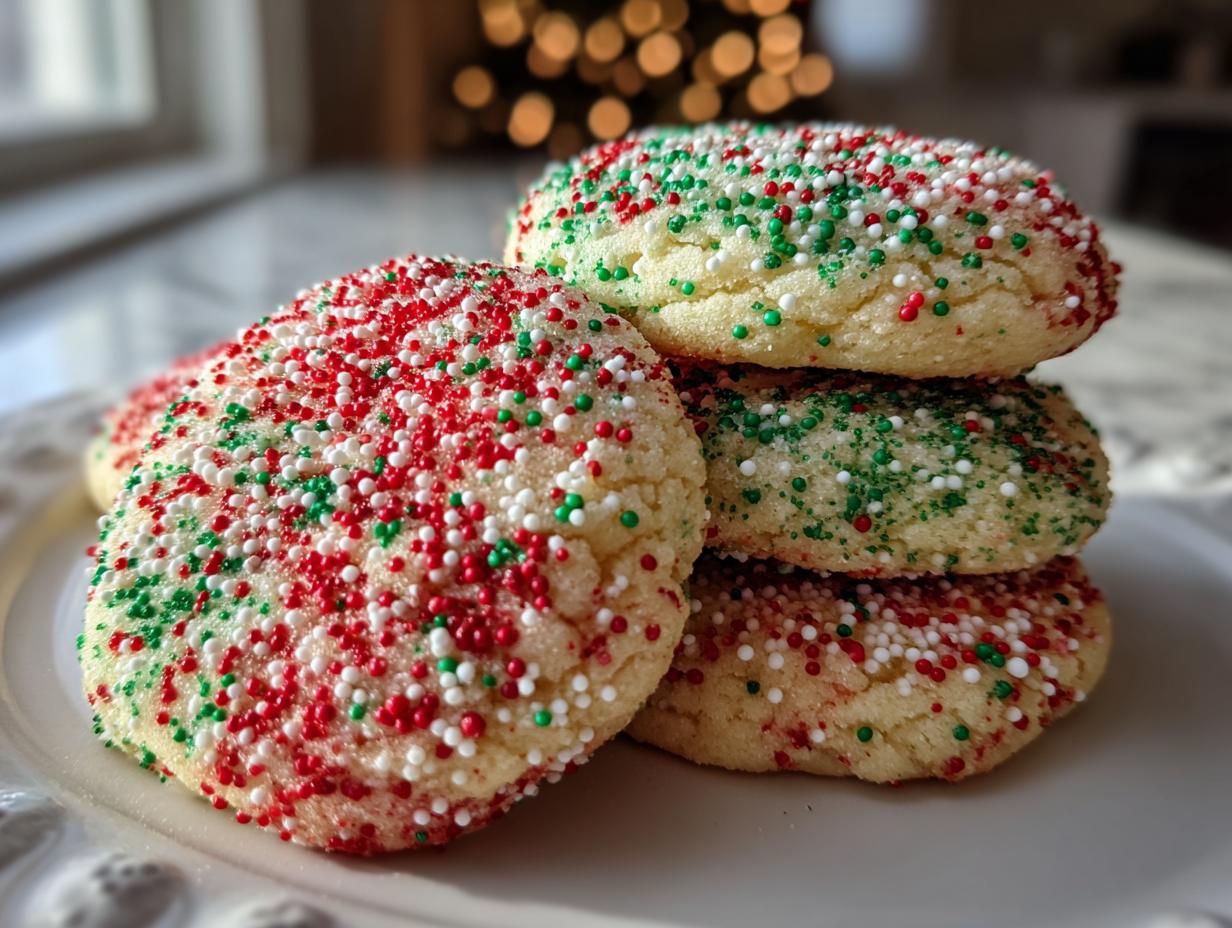 A stack of soft Christmas sprinkle sugar cookies covered in red, green, and white nonpareils, with soft bokeh lights in the background.