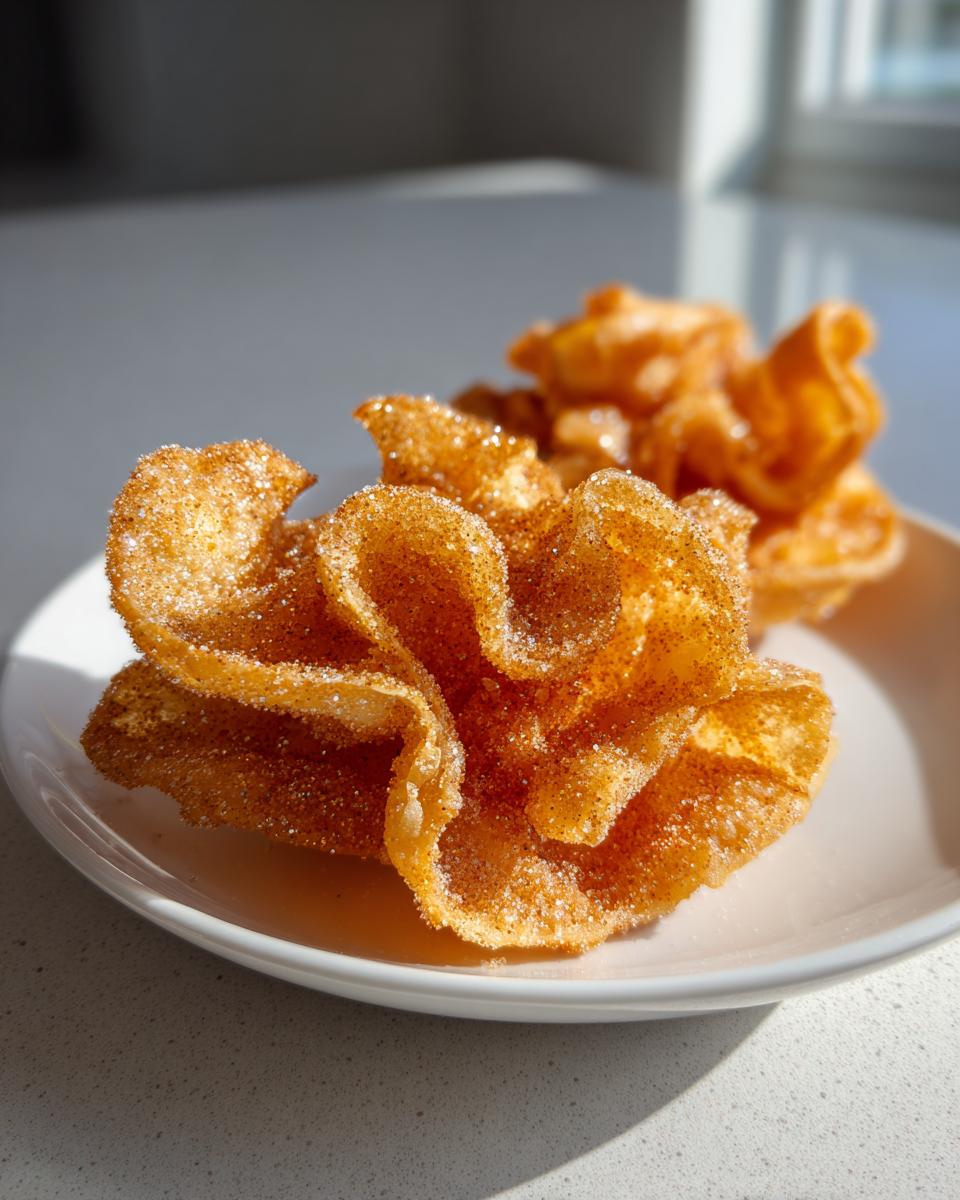 Close-up of crispy, flower-shaped buñuelos generously coated in cinnamon sugar, resting on a white plate.
