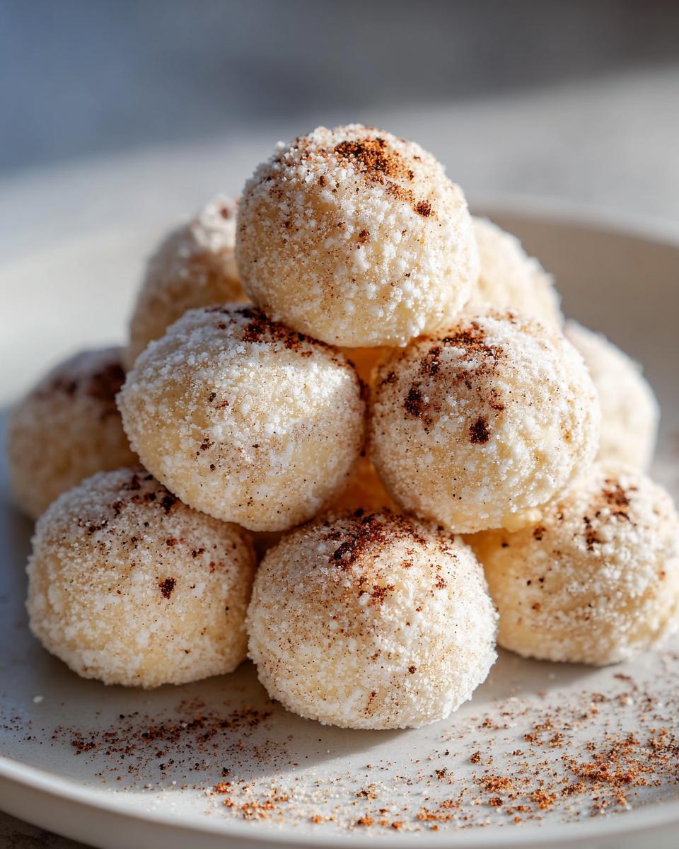 A stack of delicious cinnamon sugar snowball cookies generously coated in powdered sugar and sprinkled with cinnamon.