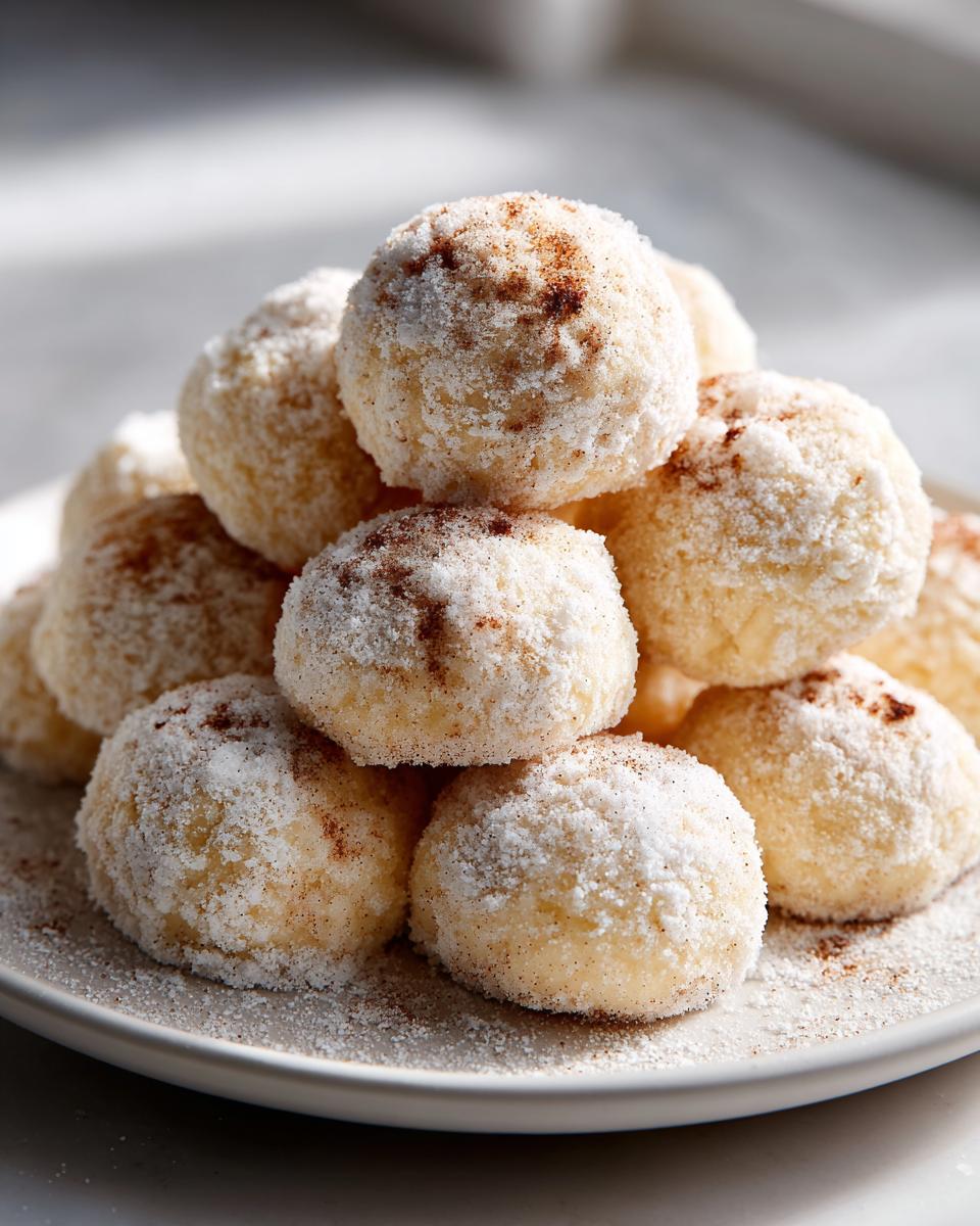 A close-up stack of delicious cinnamon sugar snowball cookies heavily coated in powdered sugar and dusted with cinnamon.