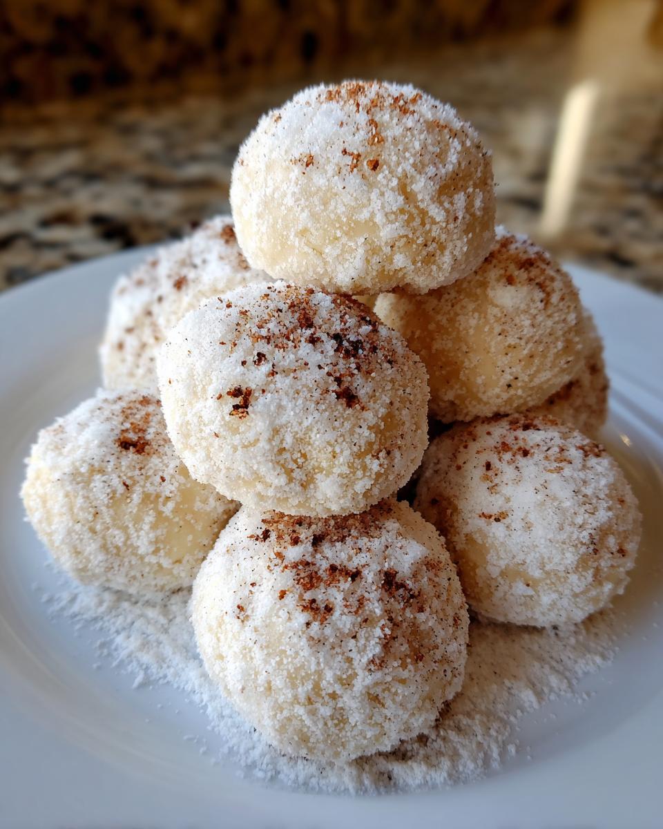 A close-up stack of freshly made cinnamon sugar snowball cookies heavily coated in white sugar and sprinkled with cinnamon.