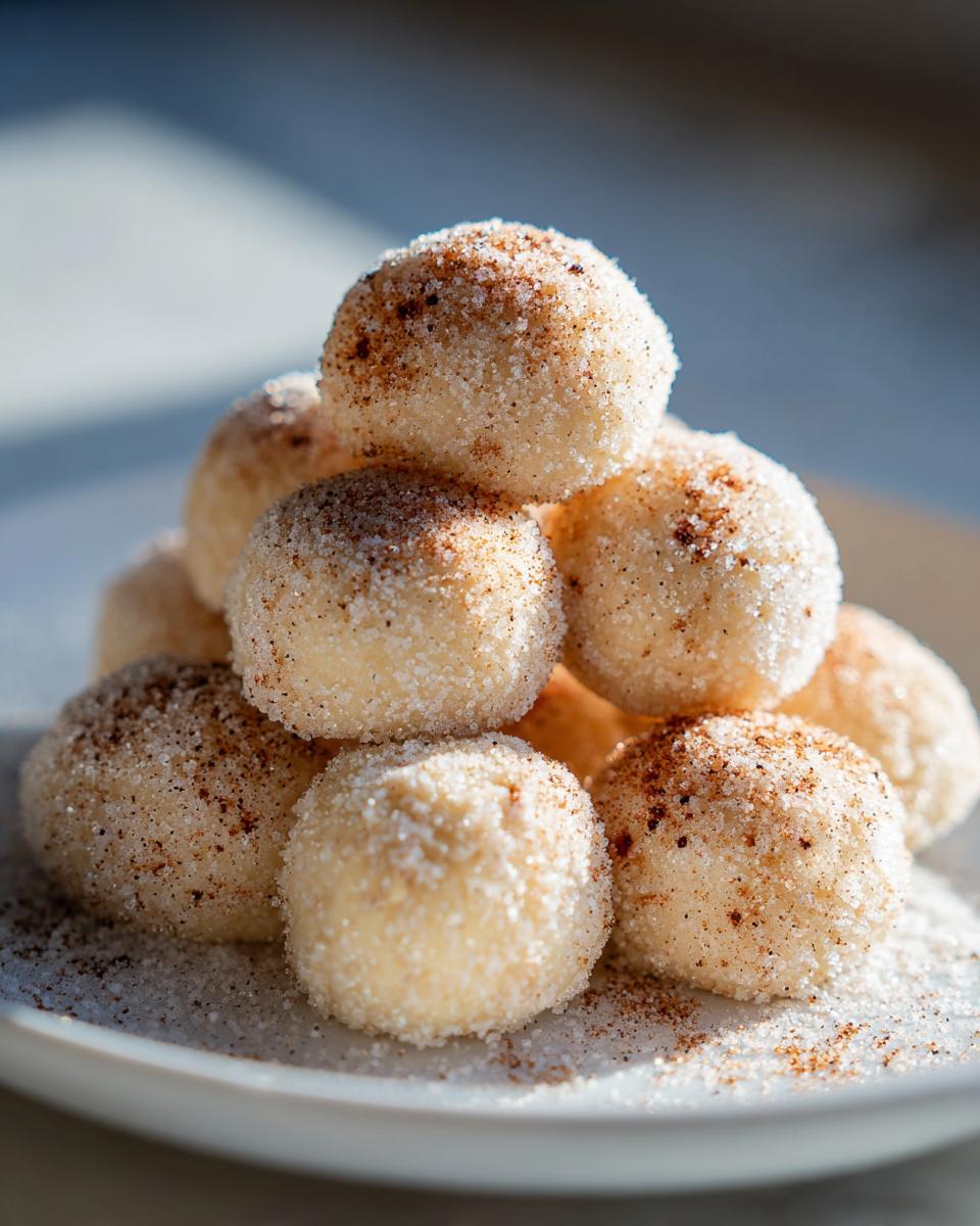 A pyramid stack of freshly baked cinnamon sugar snowball cookies heavily coated in granulated sugar and cinnamon.