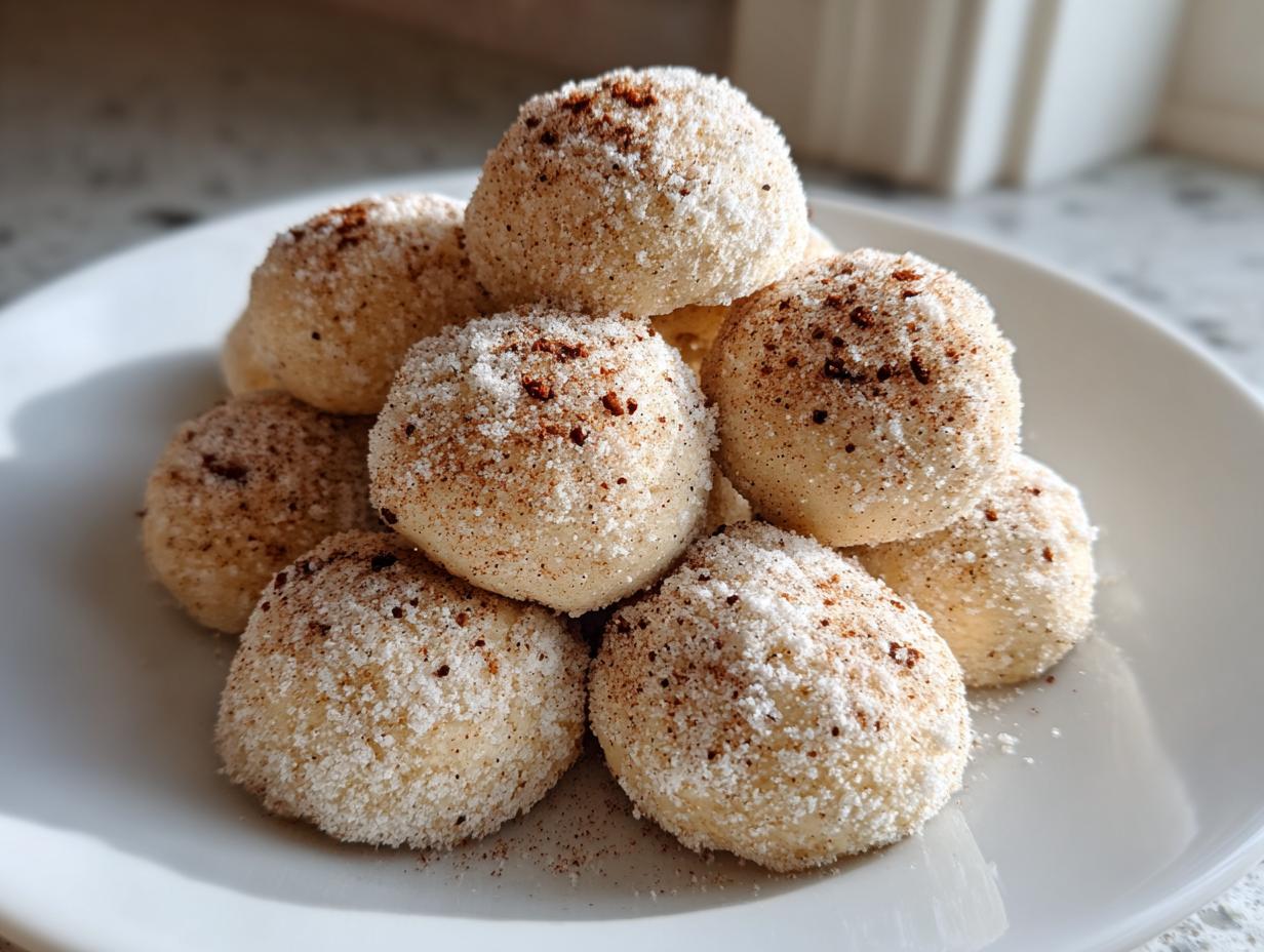 A stack of freshly made cinnamon sugar snowball cookies coated in white sugar and dusted with cinnamon.