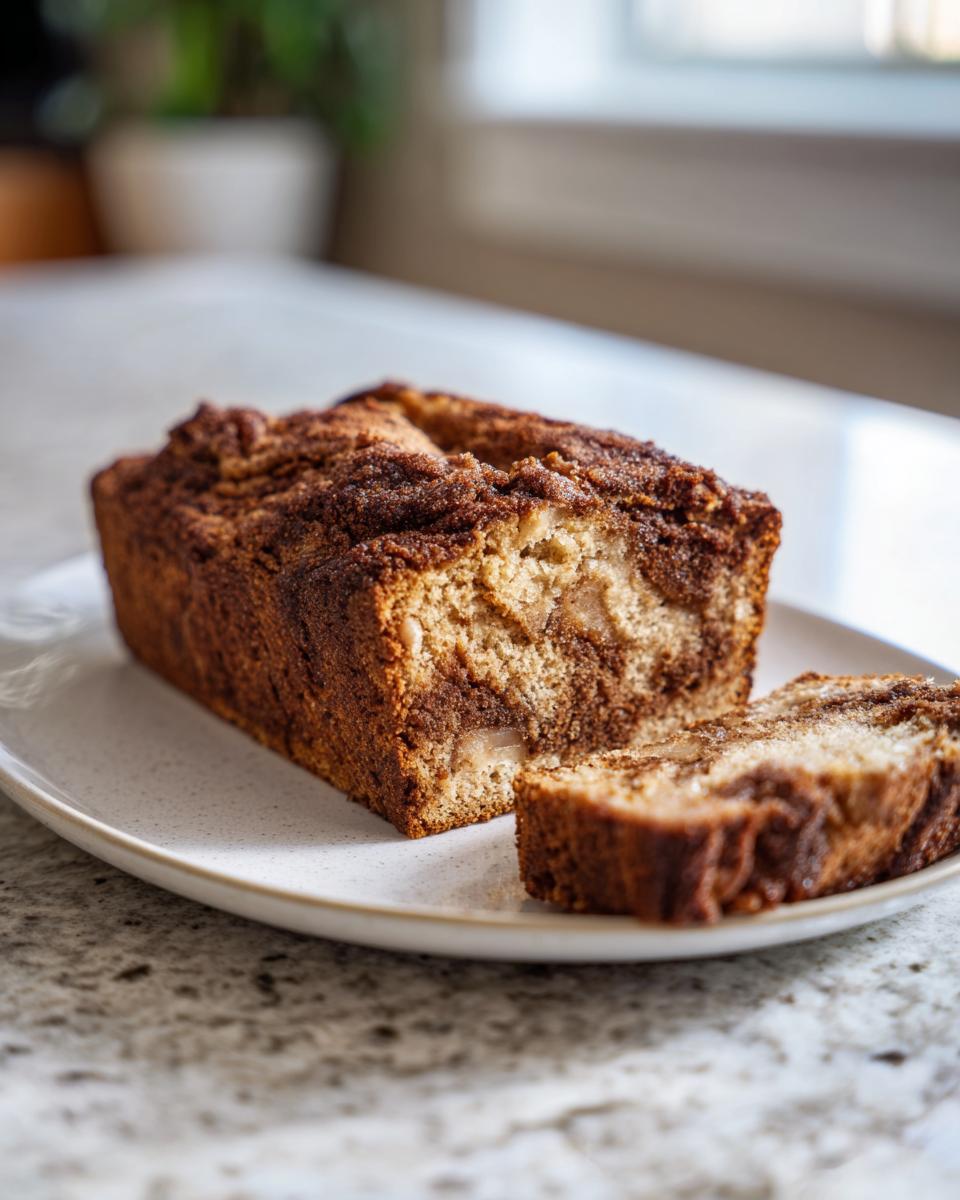 A loaf of moist apple bread with a cinnamon swirl topping, one slice cut and resting beside it.