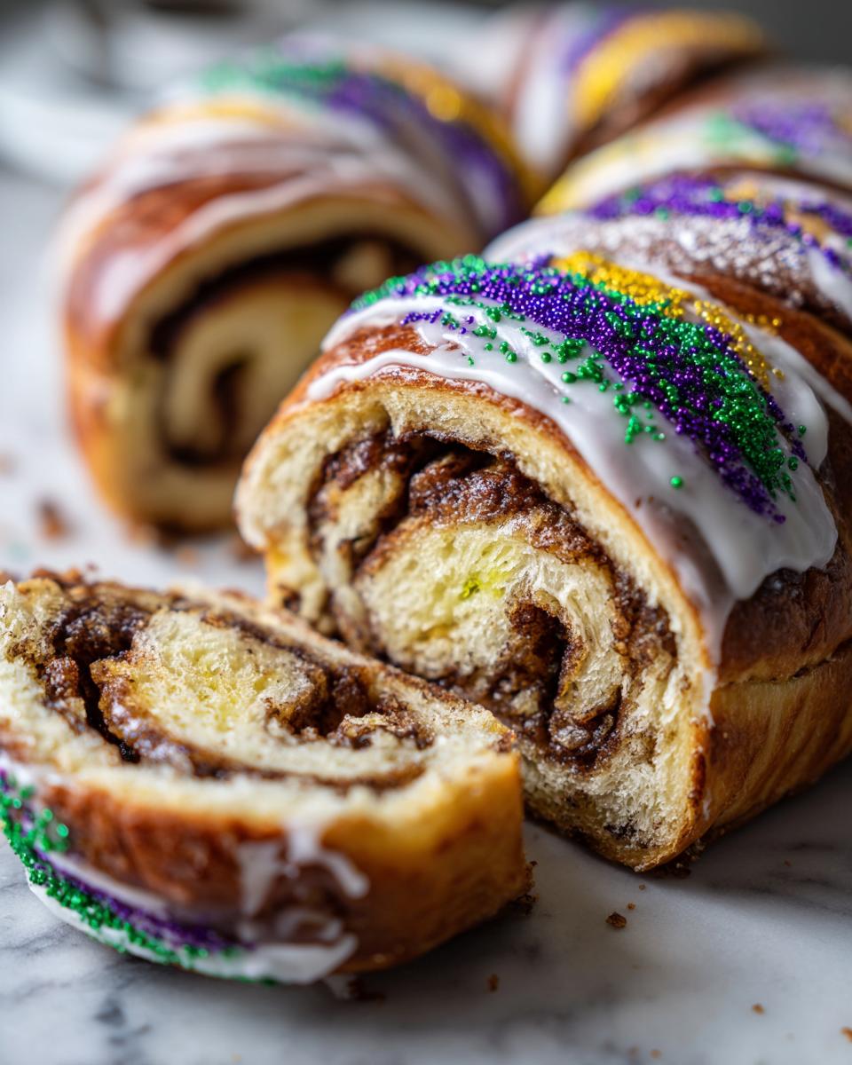 A cross-section slice of a sweet, cinnamon-filled king cake topped with white icing and purple, green, and gold sprinkles.