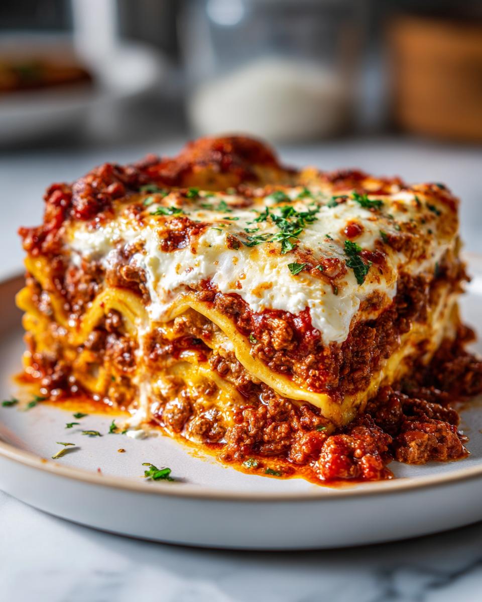 A close-up of a thick, layered slice of rich meat lasagna topped with melted cheese and parsley.