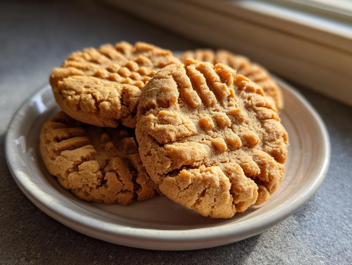 A stack of three golden brown peanut butter cookies with classic crisscross fork indentations on a small white plate.