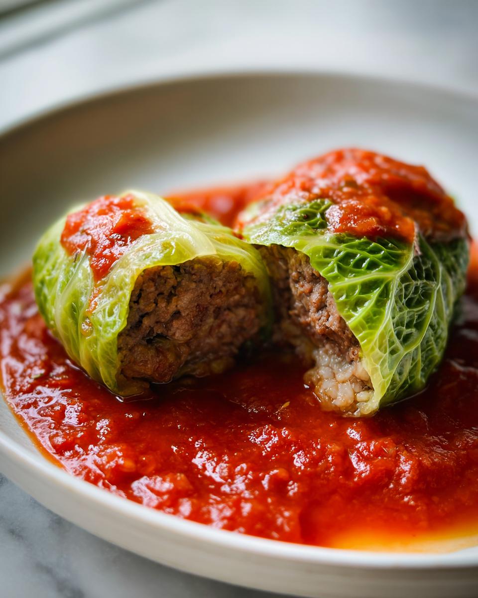 Two delicious cabbage rolls cut in half, revealing the meat and rice filling, served in a rich tomato sauce.