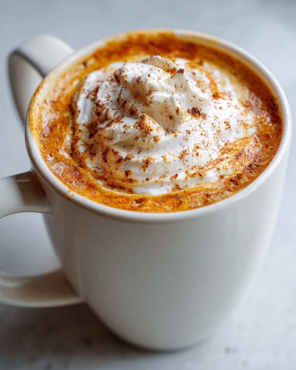 Close-up of a delicious pumpkin spice latte topped with whipped cream and a dusting of cinnamon.