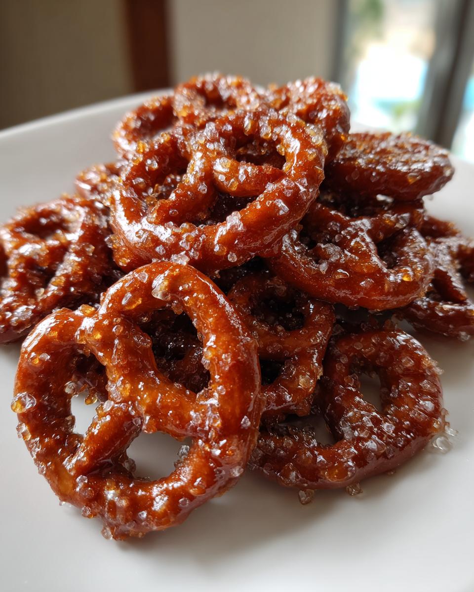 A close-up stack of homemade toffee pretzels coated in a thick, shiny caramel glaze and sprinkled with coarse sugar crystals.