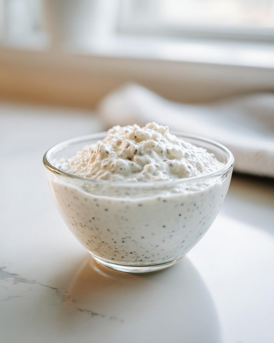 A clear glass bowl filled with thick, creamy coconut chia pudding, set on a bright white surface.