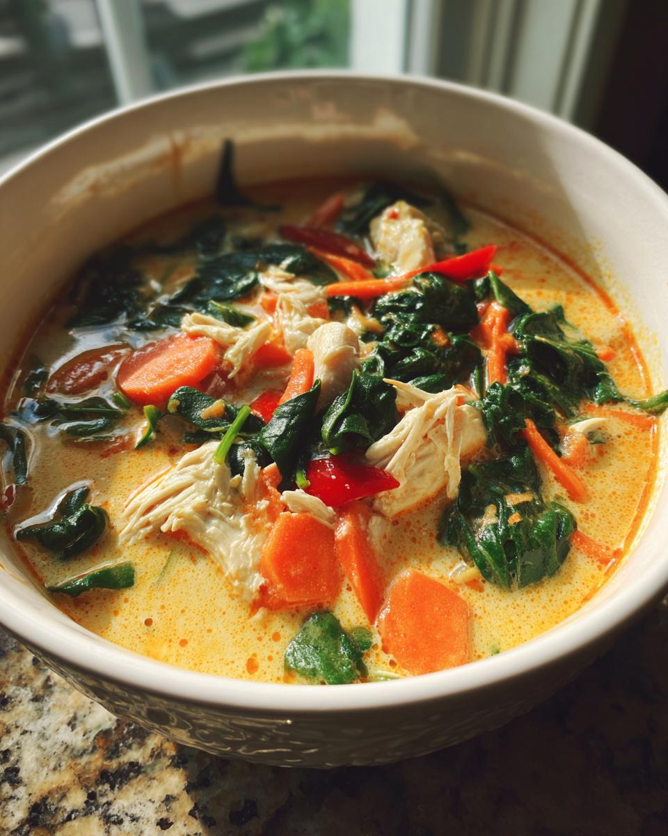 A close-up of a white bowl filled with creamy coconut curry soup featuring shredded chicken, bright orange carrots, and dark green spinach.