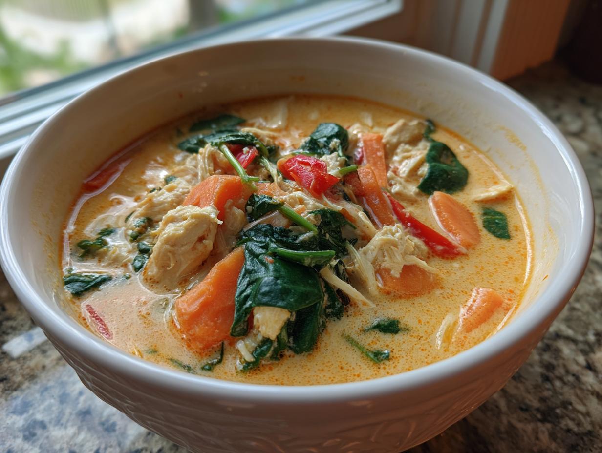 A close-up view of a white bowl filled with creamy, orange-hued coconut curry soup, featuring chunks of chicken, carrots, and spinach.