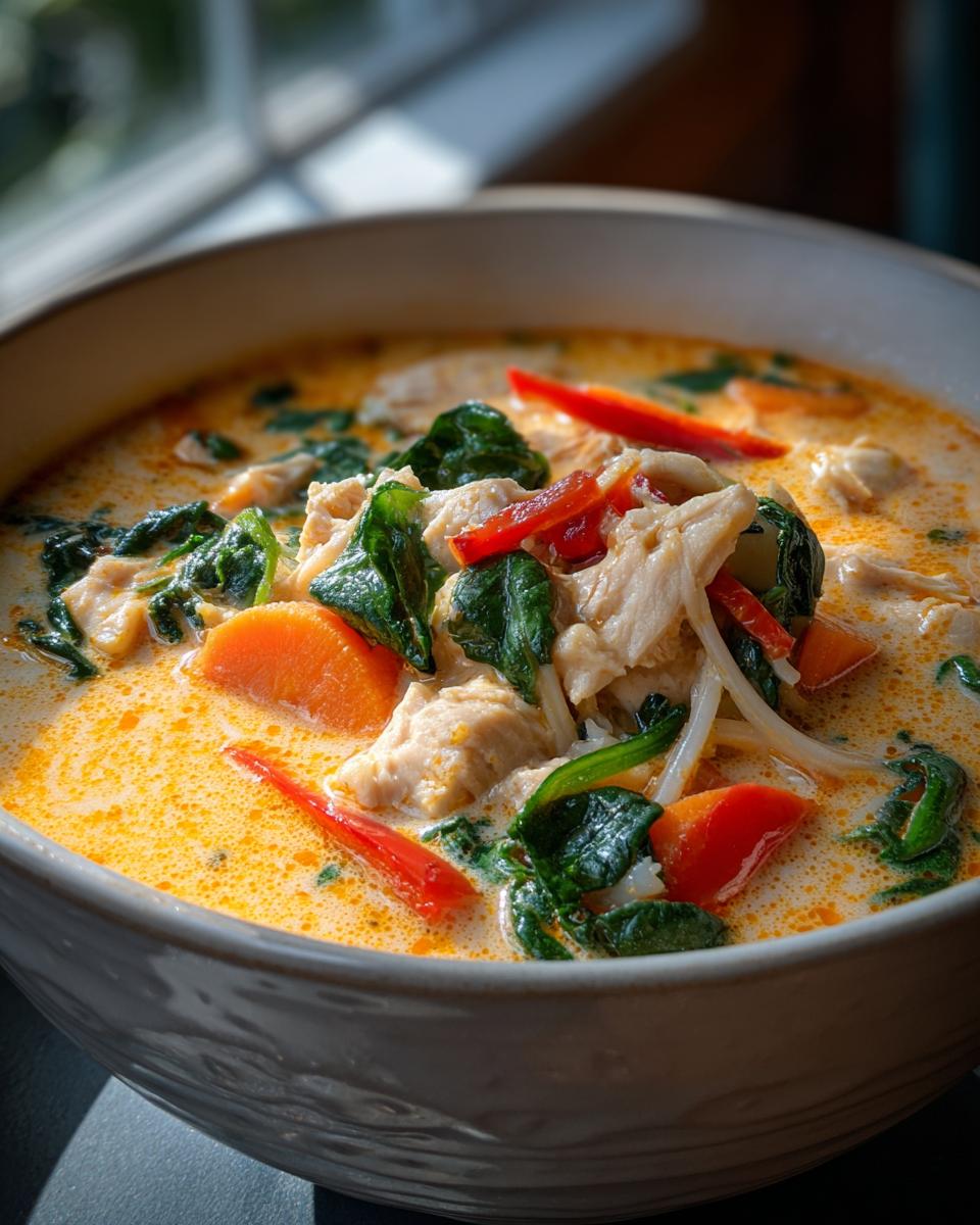 A close-up of a bowl of creamy coconut curry soup filled with chicken, spinach, carrots, and red chili peppers.