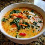 A close-up of a white bowl filled with vibrant, creamy coconut curry soup featuring chicken, spinach, and carrots.