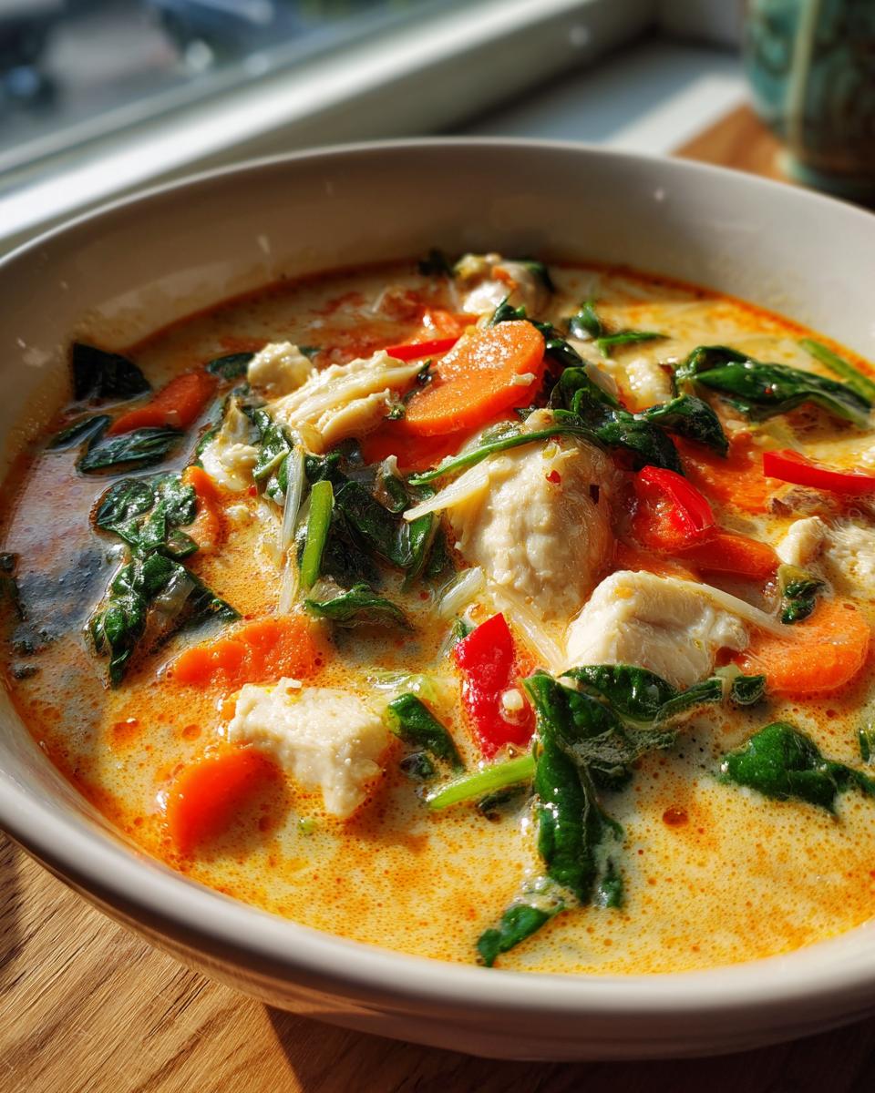 A close-up shot of a creamy, vibrant coconut curry soup filled with chunks of chicken, bright orange carrots, and dark green spinach.