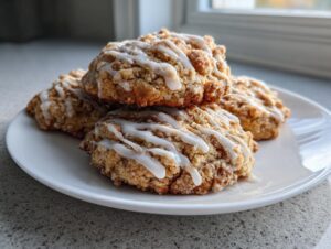 A stack of four crumbly coffee cake cookies drizzled with white vanilla icing on a white plate.