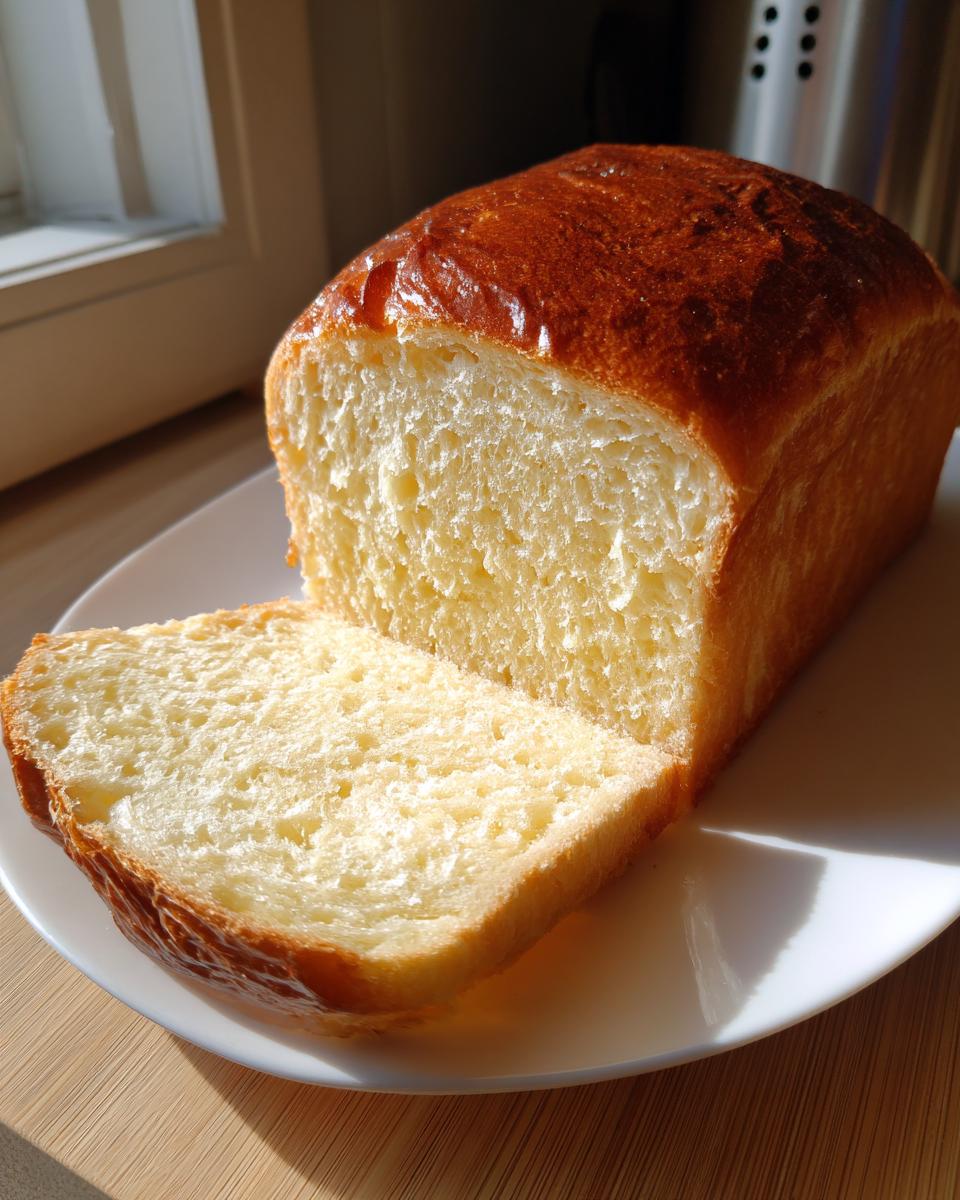 A golden-brown loaf of soft condensed milk bread, with one thick slice cut and resting against the main loaf on a white plate.