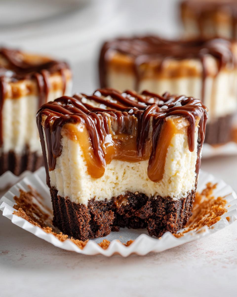 Close-up of a cookie butter cheesecake cup with a bite taken out, showing the dark crust, creamy filling, and caramel/chocolate drizzle.