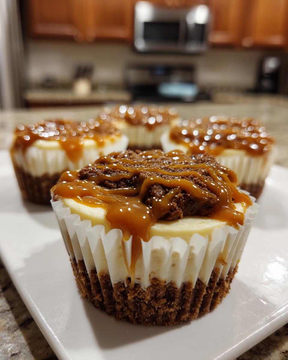 A close-up of one of the cookie butter cheesecake cups topped with caramel drizzle and cookie crumbles.
