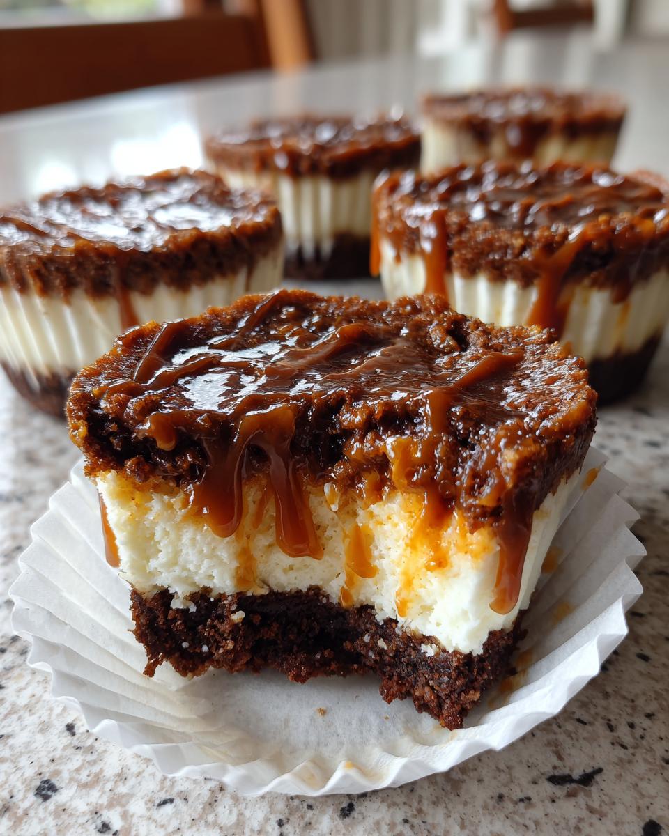 Close-up of a cookie butter cheesecake cup with a bite taken out, showing the dark crust, creamy filling, and thick caramel topping.