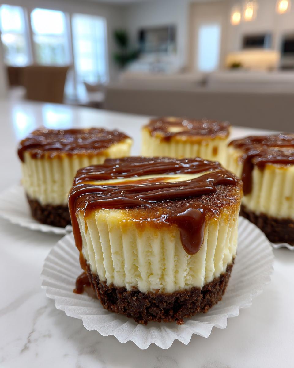 Four individual cookie butter cheesecake cups with a dark chocolate crust and rich caramel topping, sitting on a marble counter.