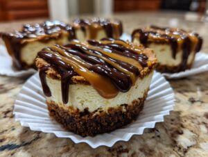 A close-up of one of the amazing cookie butter cheesecake cups topped with chocolate and caramel drizzle.