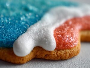 Close-up of a cookie edge decorated with thick white royal icing piping over red and blue sparkling icing.