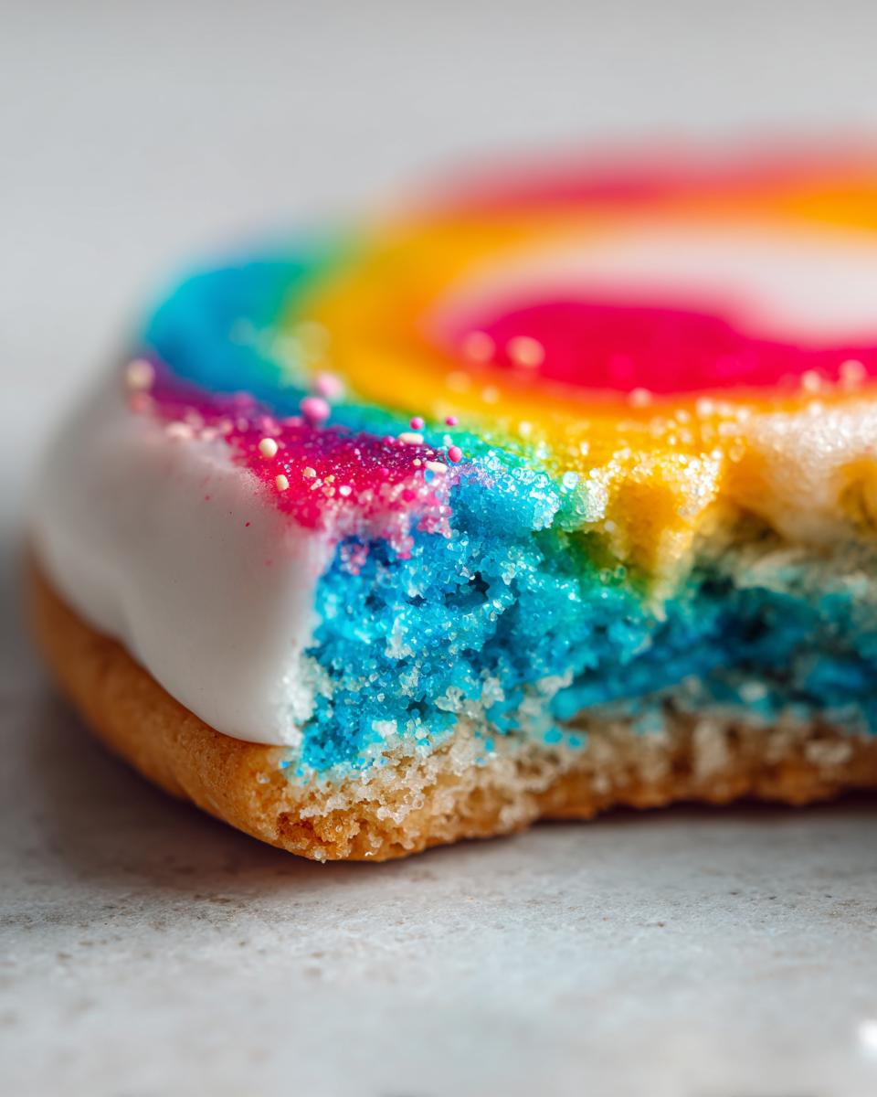 Close-up of a bitten cookie topped with vibrant rainbow icing made using a royal icing recipe.
