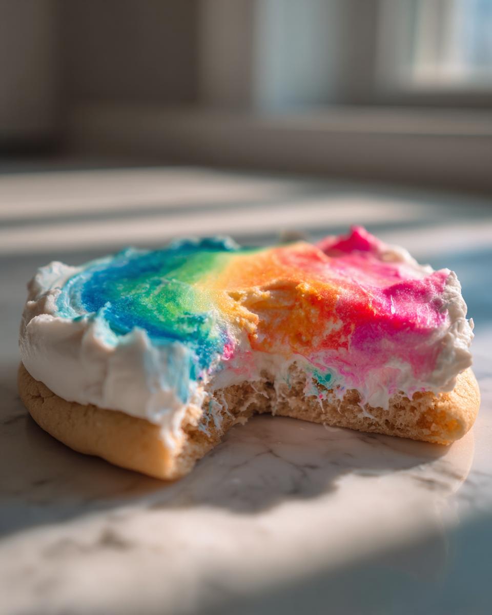 A bitten sugar cookie topped with thick, brightly colored rainbow royal icing recipe frosting on a marble surface.