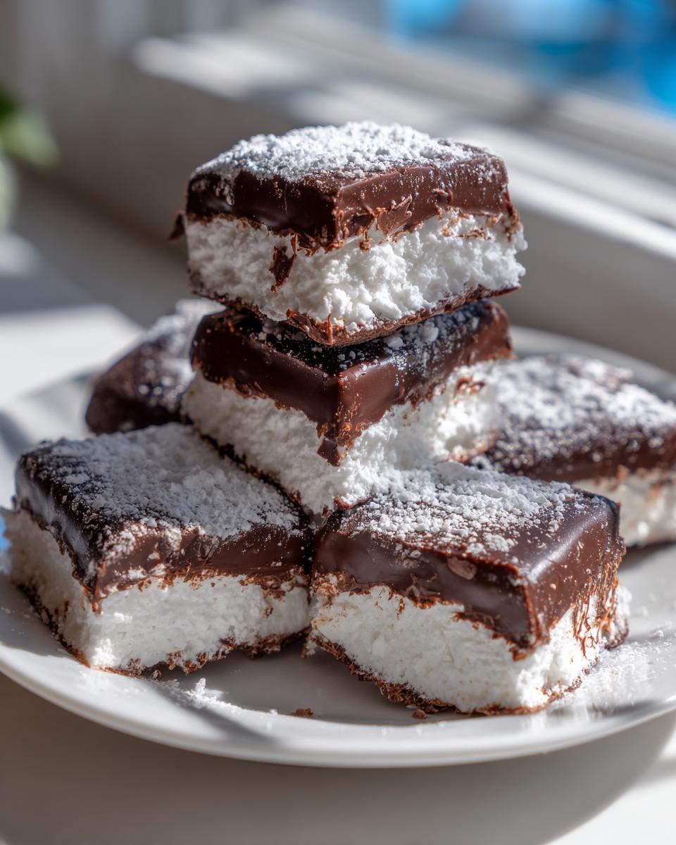 A stack of homemade cool whip candy squares featuring a thick white base and a shiny chocolate glaze, dusted with powdered sugar.