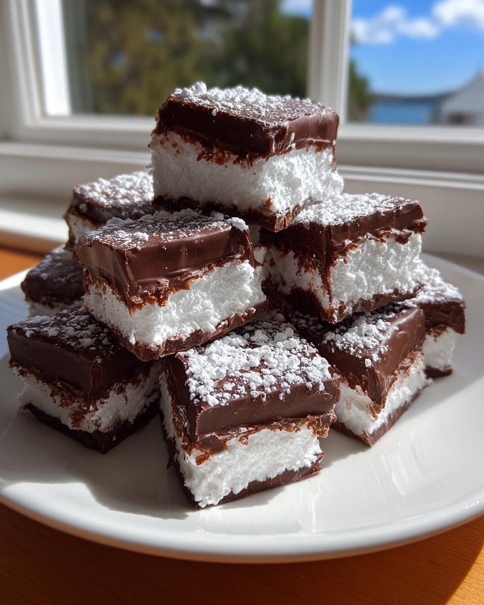 A stack of homemade cool whip candy squares featuring a thick white filling and a rich chocolate topping, dusted with powdered sugar.