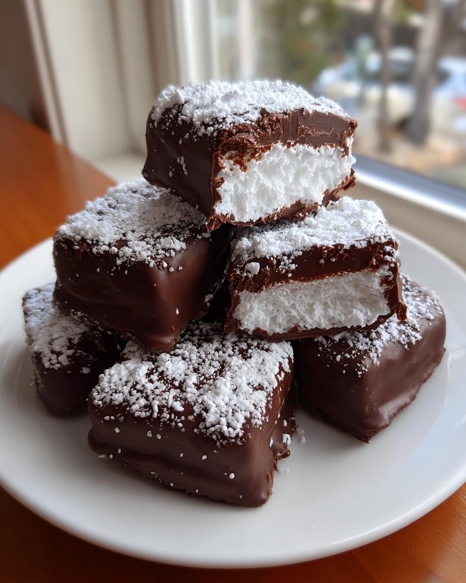 A stack of chocolate-covered cool whip candy squares dusted with powdered sugar, showing a fluffy white center.