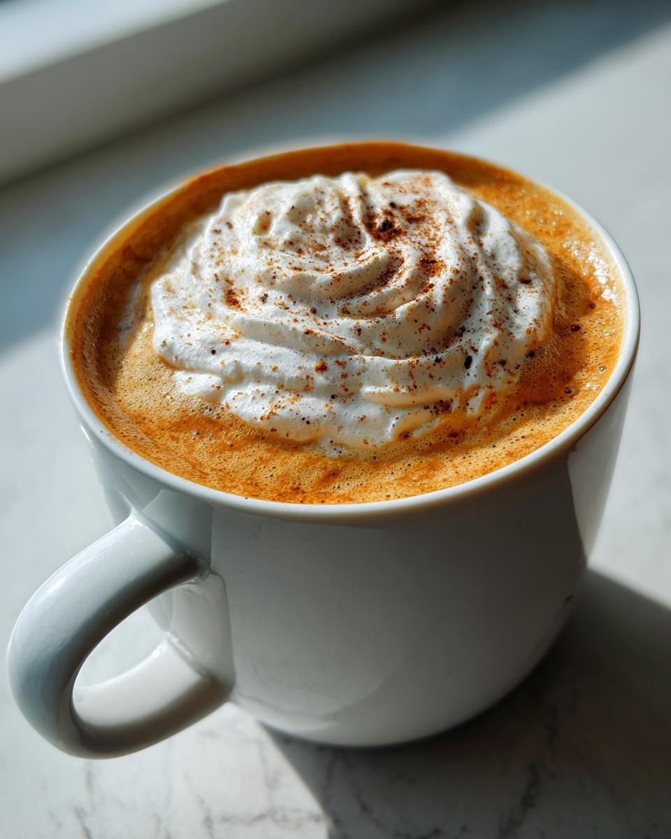 Close-up of a warm pumpkin spice latte topped with whipped cream and cinnamon dusting in a white mug.