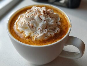 Close-up of a rich, orange pumpkin spice latte topped with a swirl of whipped cream and cinnamon.